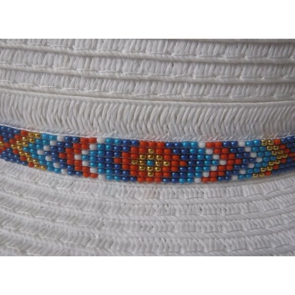 Beaded Hat Band Blue, Orange, Teal, White & Gold w/ Leather - Picture 4 of 5